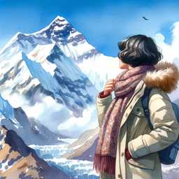 someone gazing at Mount Everest, watercolor painting generated by DALL·E 2